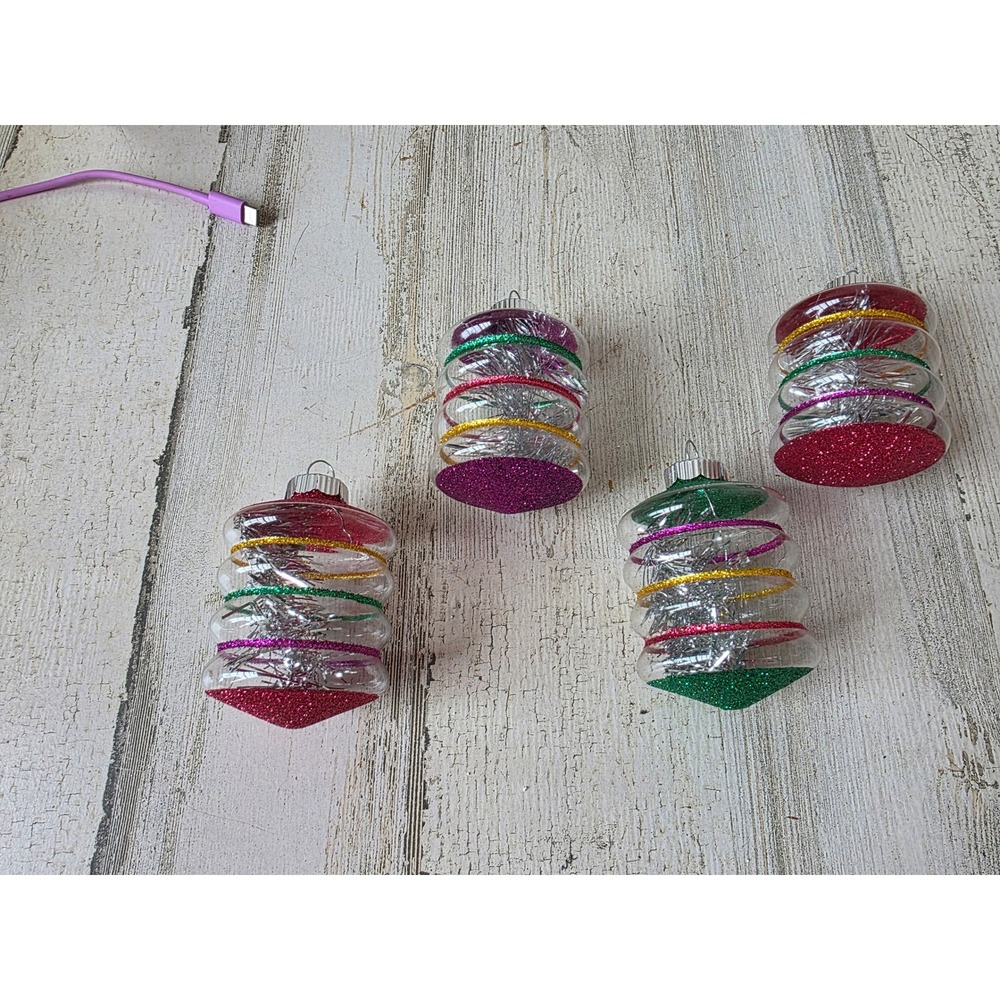 Vintage shiny Brite barrel large glitter ornament set tinsel Xmas tree vintage